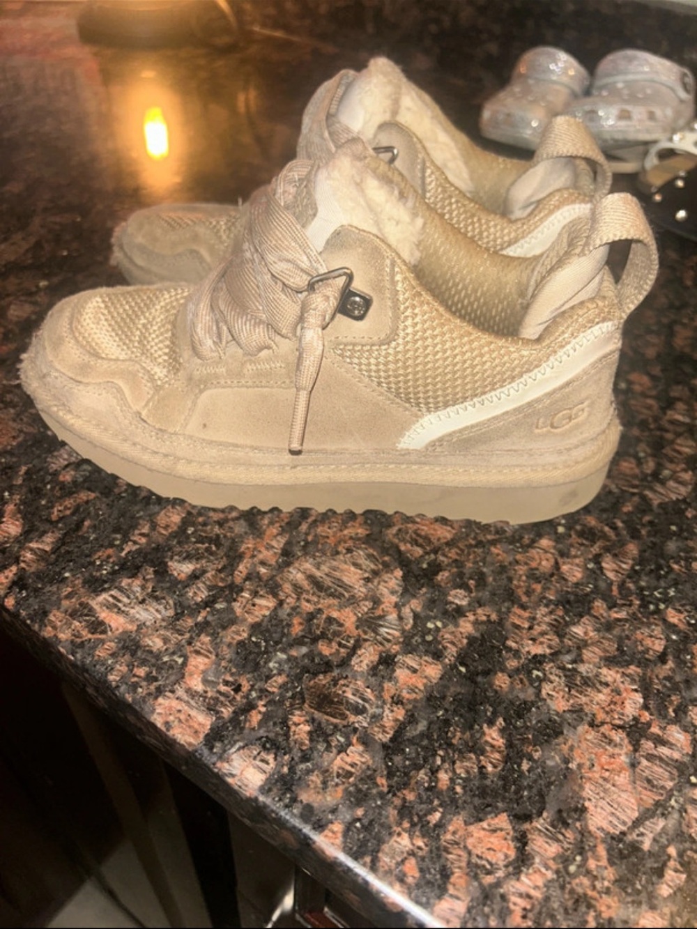 UGG Kids Tan Suede & Mesh Shearling-Lined Sneaker